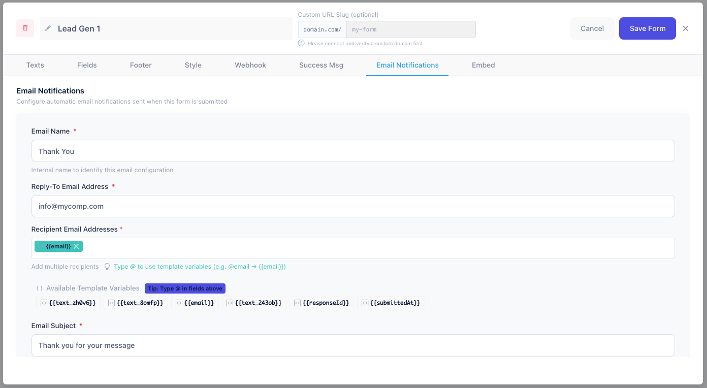 CustomJS Email Configuration - Using form field variables in email recipient, subject, and body